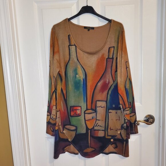 Radzoli Medium Earthtone Wine and Wine Glass Long Sleeve Knit Tunic Top - Picture 1 of 6
